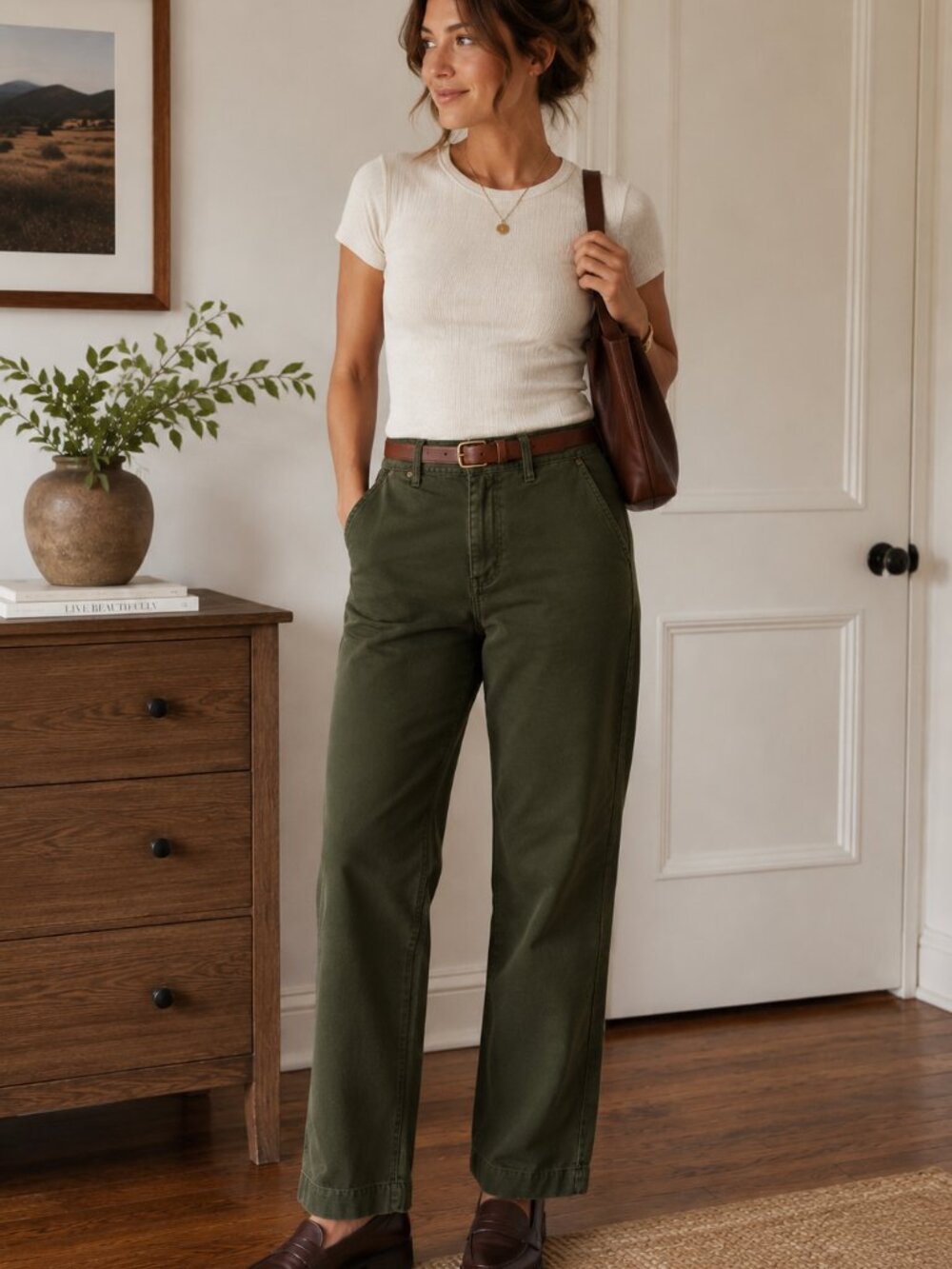 American Giant High Rise Straight Leg Utility Pants Olive Green Size 14